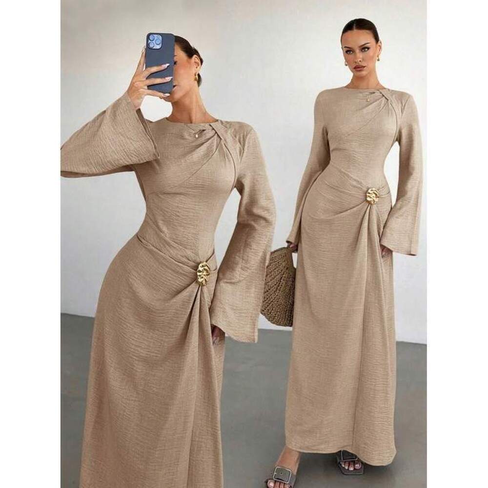 Siren Gaze Twist Front Metal Buckle Flare Long Sleeve Dress,Khak - Picture 4 of 6